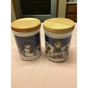Laurie Korsgaden Christmas Canisters Set Of 2 Snowman Sled Scene Wooden Lids